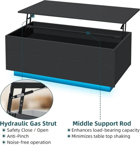 Miniatura 6 de HOMMPA Mesa de centro elevable de 40 pulgadas, mesas de centro negras con almacenamiento para sala de estar, mesa de centro moderna LED, mesa