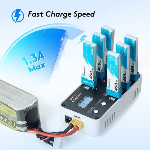 Miniatura 3 de VIFLY WhoopStor V3 6 Ports 1S LiPo Battery Storage Charger and Discharger with LCD Display Tiny Whoop Charger with PH2.0 and BT2.0 Connectors Blanco