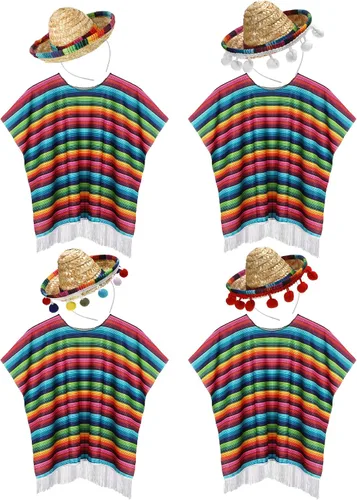 JaGely Juego de 8 piezas de poncho y sombrero de serape Cinco de Mayo, 4 sombreros con borde arcoíris, 4 piezas de poncho colorido para decoraciones