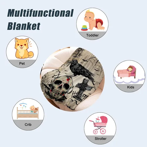 Miniatura 6 de Manta de Halloween – Manta pequeña de calavera vintage para niños y adultos, ligera, esponjosa, suave y acogedora manta de vellón para sofá, cama