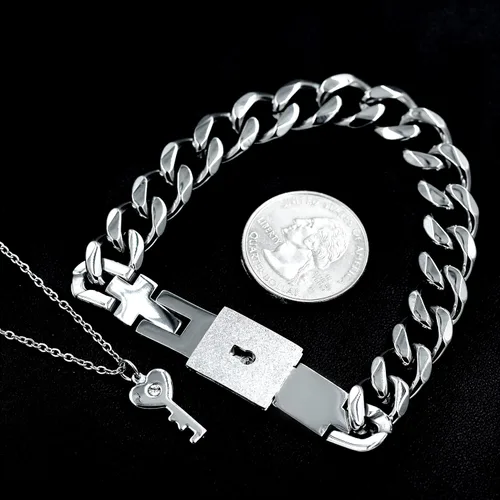 Miniatura 8 de Uloveido Juego de collar con colgante de llave de acero de titanio y pulsera cuadrada para parejas, regalos de valetines, Metal, circonita cúbica