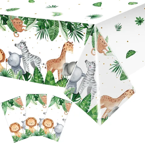 Mantel de fiesta de safari en la selva, mantel con estampado de animales salvajes, verde salvia, decoración de baby shower, cubierta de mesa de