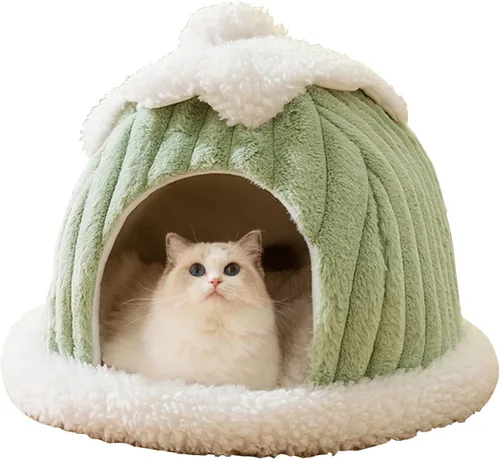 Cama tipo cueva para gatos, bonita casa de gato de dibujos animados, tienda de campaña pequeña con almohada extraíble lavable, cama cálida para Verde