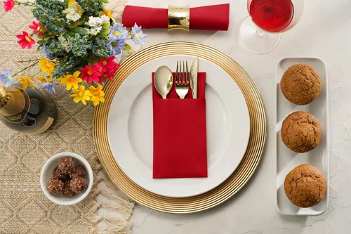 Miniatura 8 de Paquete de 50 servilletas desechables de lino con bolsillo integrado para cubiertos, color rojo brillante, como servilletas de papel para Navidad