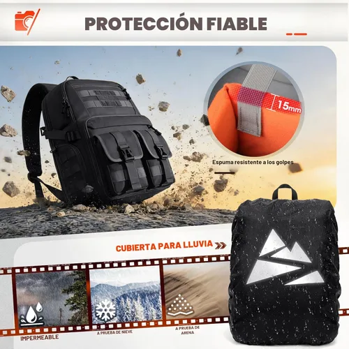 Miniatura 4 de RAINSMORE Mochila para cámara DSLR/SLR/SLR/sin espejo, para fotógrafos, 15.6 pulgadas, impermeable, funda táctica para fotografía con cubierta