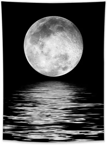 Miniatura 17 de LB Tapiz pequeño de luna llena sobre océano, tapiz de pared de cielo nocturno estrellado, fantasía 3D, arte de pared de luna grande en blanco