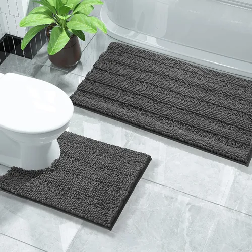 Miniatura 17 de Yimobra Juego de 2 alfombras de baño de felpilla suave y absorbente y alfombra para inodoro en forma de U, antideslizante, lavable a máquina