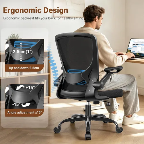 Miniatura 3 de BESTFAIR Silla de oficina ergonómica, silla de escritorio de malla para computadora con soporte lumbar, silla giratoria con brazos abatibles y Negro