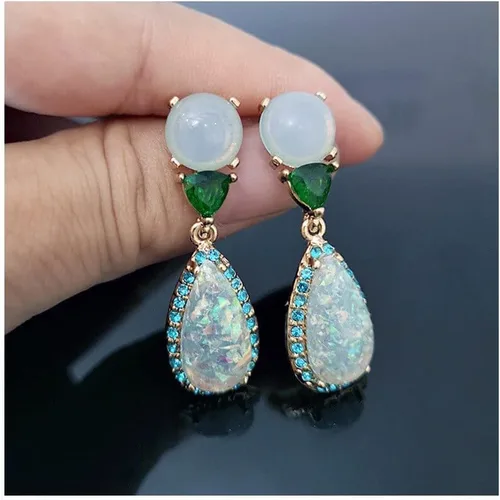 Miniatura 3 de Pendientes de tuerca de lujo de ópalo artificial de moda verde esmeralda