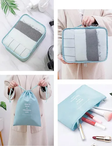 Miniatura 4 de GuaziV Juego de 9 cubos de embalaje bolsas de equipaje de viaje con bolsa de aseo colgante azul