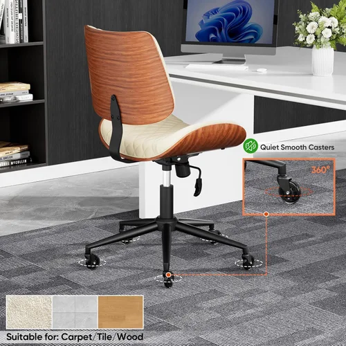 Miniatura 8 de Silla de escritorio de oficina en casa con ruedas giratorias, moderna silla de oficina sin brazos de piel sintética, pequeña silla de computadora