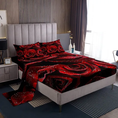 Erosebridal Ropa de cama de 3 piezas de rosa roja, tamaño individual, sábana bajera y sábana encimera para mujeres y niñas, estampado de momentos