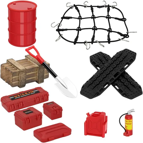GLOBACT 1/24 1/18 RC Crawler Accesorios Decoración del techo del automóvil, red de equipaje, tablero de recuperación, extintor de incendios, caja de