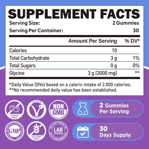 Miniatura 2 de duwhot Gomitas de glicina, 0.11 oz (3000 mg) de suplementos de glicina para dormir, desintoxicación, relajación, apoyo nervioso, sabor arándano, sin