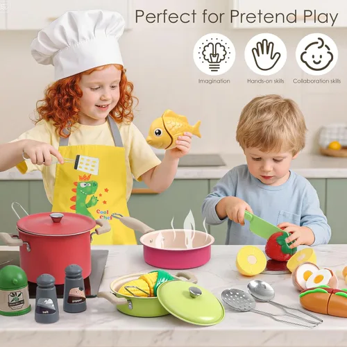 Miniatura 6 de Golray Juego de accesorios de cocina, juego de cocina para niños con ollas y sartenes, utensilios de cocina, juguetes, organizador, juego de comida
