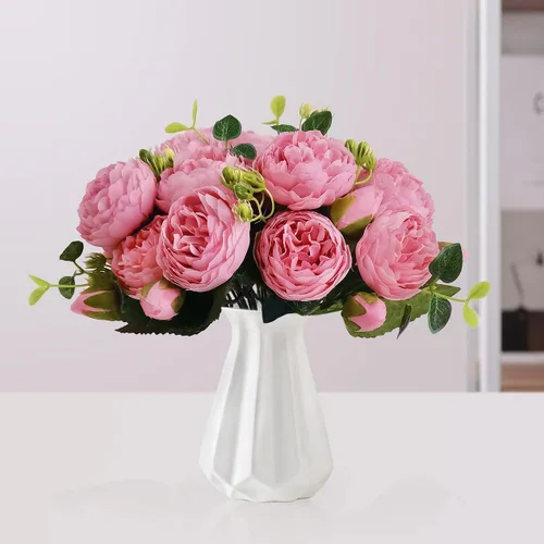 Miniatura 4 de 4 racimos de flores artificiales de peonías de seda de 20 cabezas, flores falsas para decoración del hogar, ventana, boda, fiesta (rosa), jarrón