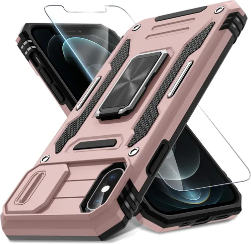 Miniatura 240 de DEERLAMN Funda para iPhone Xs Max con funda deslizante para cámara + protector de pantalla, soporte giratorio de anillo de grado militar a prueba