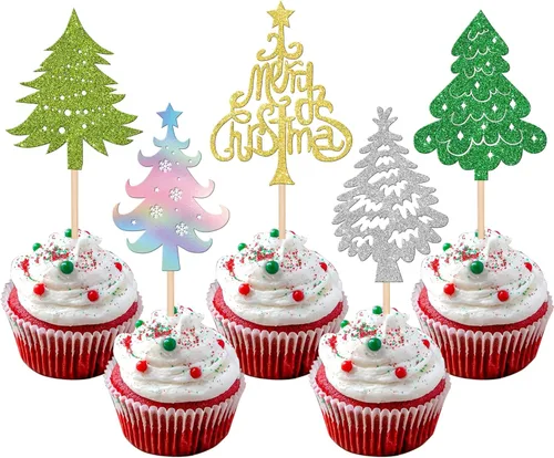 Miniatura 32 de 24 piezas de adornos para cupcakes de Navidad dorados verdes y rojos con purpurina, Papá Noel, árbol de Navidad, adornos para cupcakes para el tema
