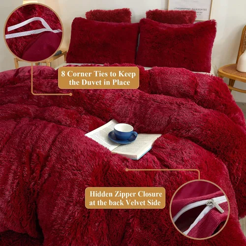 Miniatura 6 de XeGe juego de funda de edredón de terciopelo de lujo ultrasuave, juego de cama de 2 piezas, 1 funda de edredón de piel sintética y 1 funda de Rojo