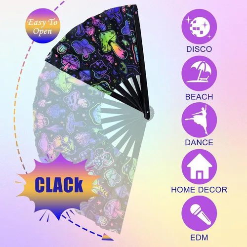 Miniatura 5 de Ventilador plegable Rave, ventilador de mano grande Clack, brillo UV, festival, plegable, de mano, accesorios de traje para mujeres, hombres