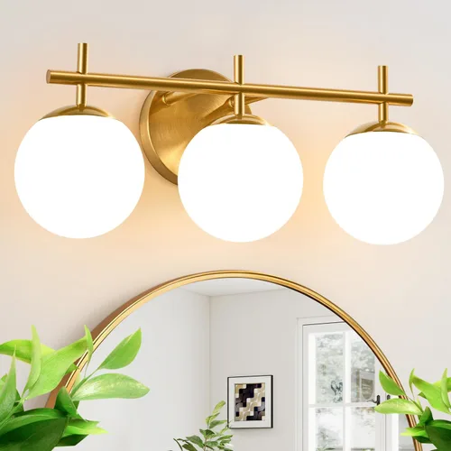 Miniatura 8 de Juego de dos apliques de pared dorados, paquete de 2 lámparas de baño de oro cepillado con vidrio de globo blanco lechoso, apliques modernos