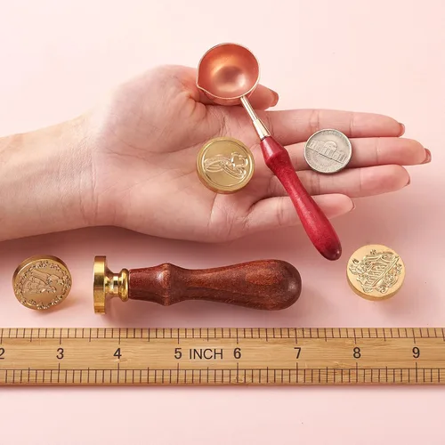 Miniatura 4 de Juego de sellos de cera, 6 piezas con tema de boda, cabeza de sello de cera con mango de madera de haya y varillas de cera de aleación, cuchara