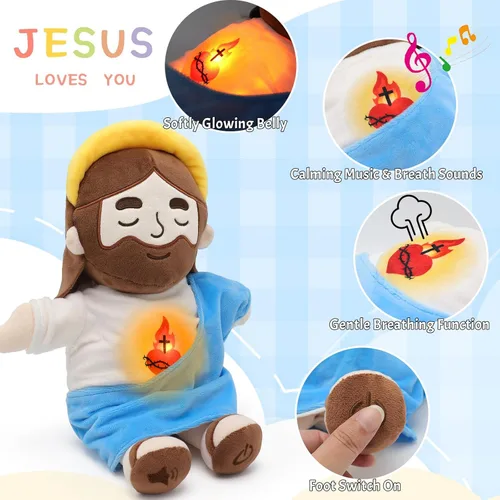 Miniatura 3 de Yelakey Muñeco de Jesús de Peluche Relajante con Luz y Sonido, Muñeco de Jesús Respirante de 15" de Peluche Suave Cristiano Católico Regalo Azul