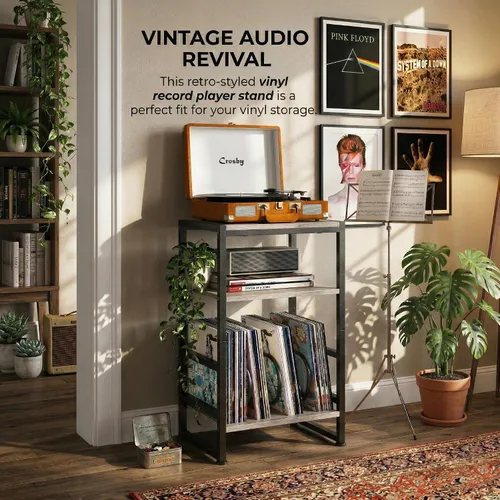 Miniatura 2 de Soporte para tocadiscos de vinilo de 3 niveles, mesa auxiliar para almacenamiento de álbumes, soporte para tocadiscos de 28 pulgadas de alto