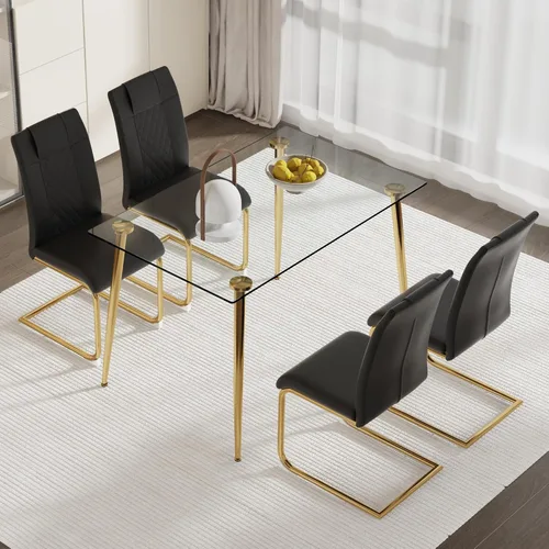 Miniatura 28 de Juego de mesa de comedor en blanco y negro de 51 pulgadas para 4, mesa de cristal minimalista moderna y 4 sillas tapizadas de piel sintética