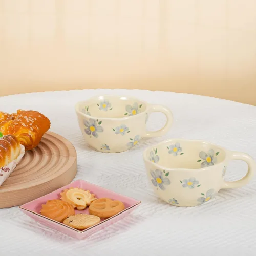 Miniatura 4 de Koythin 2 Piezas de Tazas de Café de Cerámica, Taza Creativa Linda con Flores para Oficina y Hogar, Taza Estética de 8.5 oz/250 ml para Café con 2
