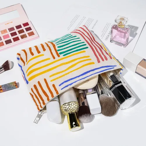 Miniatura 6 de SOIDRAM 2 Piezas de Bolsa de Maquillaje a Rayas Grande, Bolsa de Cosméticos de Cordura de Gran Capacidad, Bolsa de Lona Mixta de Artículos de Rayas