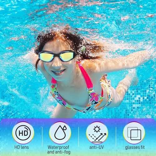 Miniatura 4 de Flutesan Paquete de 3 gafas de natación sin fugas, de silicona, antivaho con clip para la nariz, tapones para los oídos para adultos y niños, 3