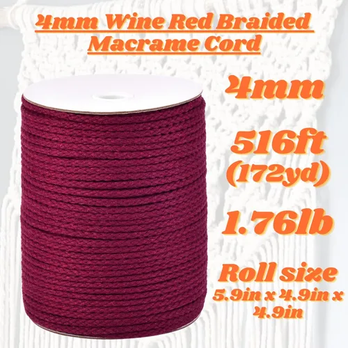 Miniatura 2 de Cordón de macramé de algodón trenzado de 4 mm, 157 metros, rojo vino, hilo para manualidades de macramé, cuerda de macramé gruesa, forma de funda