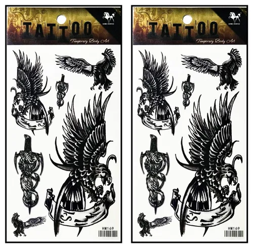 Miniatura 15 de Tatuajes 2 hojas de plumas negras de fantasía temporales tatuajes adhesivos falsos cuerpo brazo pecho hombro tatuajes para adolescentes, hombres