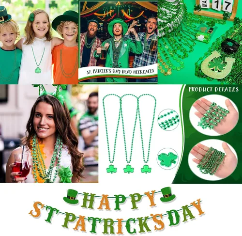 Miniatura 6 de Juego de 156 accesorios para el día de San Patricio, vasos de trébol de 6.8 pulgadas, collares de cuentas de 34 pulgadas, pulseras de goma, monedas