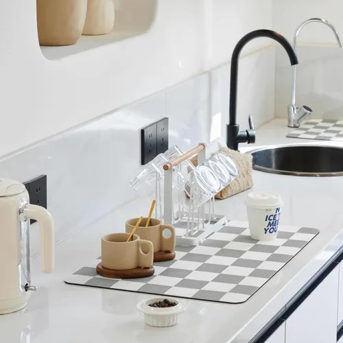 Miniatura 20 de Ohocut Tapete de secado de platos a cuadros para encimera de cocina, accesorios de estación de cafetería, estética, retro, moderna, absorbente