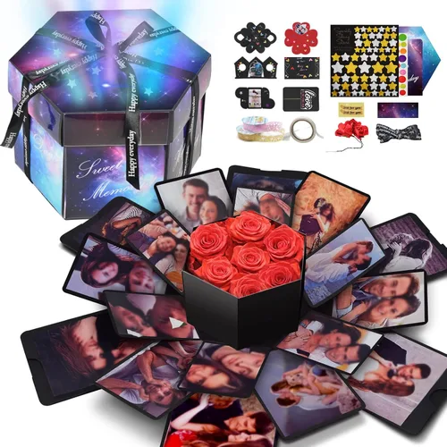 Miniatura 7 de Wanateber Caja de explosión, caja de regalo de explosión con 6 caras, parte principal, caja de fotos hecha a mano, para regalo de cumpleaños, Negro
