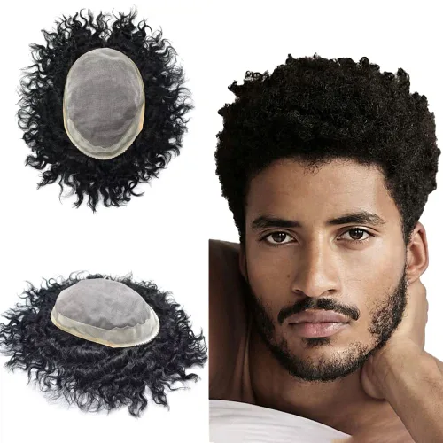 Miniatura 11 de Afro - Tupé para hombre, duradero, base fina, mono, rizado, cabello ondulado africano, piezas para hombres negros, mono encaje de poliuretano