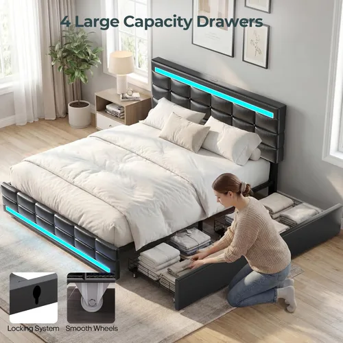 Miniatura 3 de ADORNEVE Base de cama de tamaño matrimonial con cajones de almacenamiento, cabecera con luces LED, plataforma de cuero tapizada con 2 puertos USB
