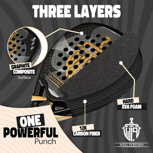 Miniatura 7 de Pala de pádel de fibra de carbono – Pala De Padel ligera con superficie de carbono de 12 quilates, núcleo de espuma viscoelástica EVA y agarre Negro