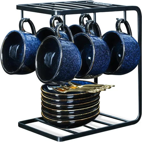 vicrays Juego de Tazas de Café Espresso de Cerámica de 4 oz Tazas de Espresso de Porcelana con Platillos Cucharas y Soporte de Metal para Té Café