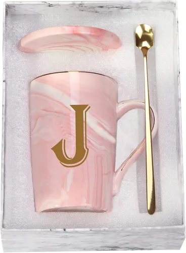 Taza personalizada con inicial J, taza de café de mármol personalizada con inicial J, tazas de café con inicial para mujeres, regalos para despedida