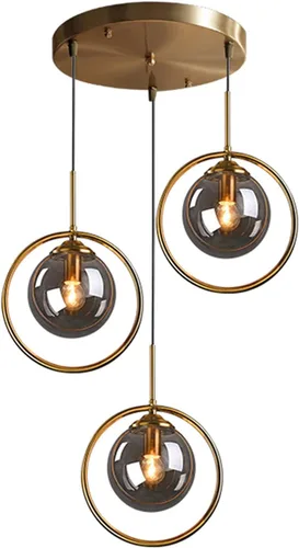 Lámpara colgante industrial vintage de 3 luces, anillo de metal de latón con pantalla de globo de vidrio, lámpara colgante de techo retro, lámpara