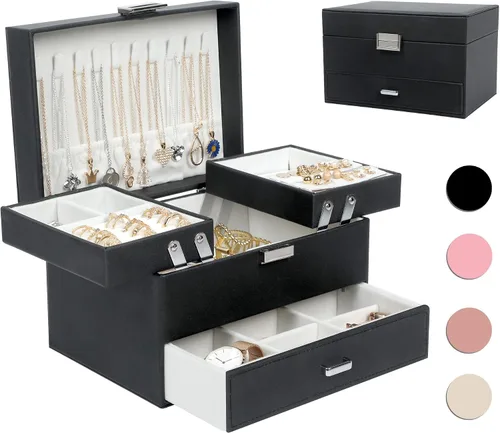 Dajasan Cajas de joyería para mujeres y niñas, caja organizadora de joyas, 3 capas, organizador de almacenamiento de joyas para aretes, anillos,