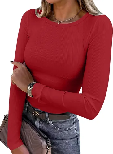 Miniatura 27 de ANRABESS - Camisetas de manga larga para mujer, de punto acanalado, ajustadas, básicas, 2025, informales, para usar a capas o debajo del uniforme