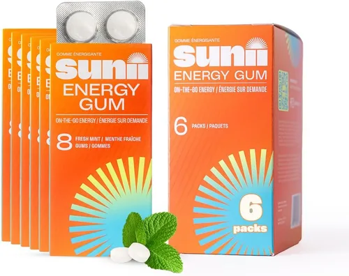 Sunii - Goma de Mascar Energética - Impulso Rápido de Energía y Enfoque - Goma de Mascar con 50mg de Cafeína, Sabor a Menta Fresca - Vitaminas B6 y