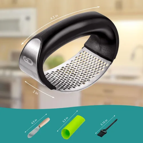 Miniatura 6 de Prensador basculante de ajo, triturador, herramienta picadora de acero inoxidable con pelador de ajo, espátula y cepillo para extraer más pasta