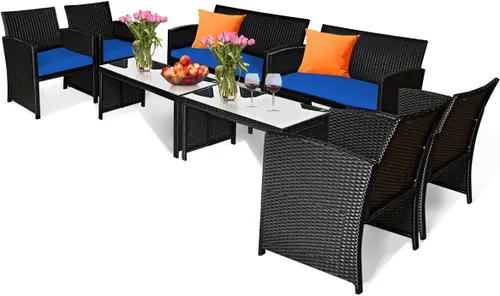 Miniatura 16 de Tangkula Juego de muebles de mimbre para patio de 4 piezas, juego de sofá y mesa Patiojoy con 4 asientos, juego de sofá de ratán al aire libre