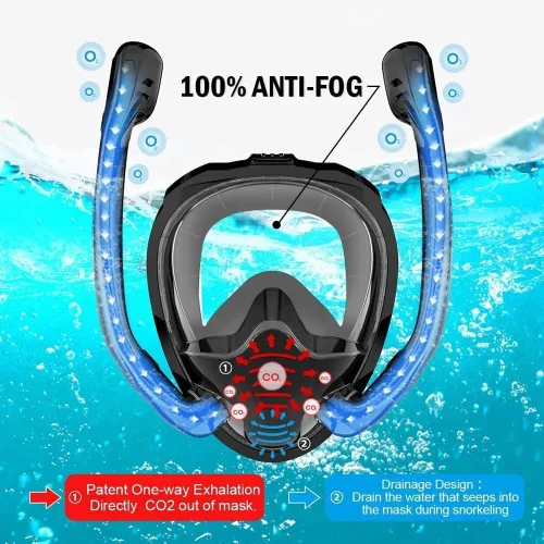 Miniatura 5 de Máscara de esnórquel, máscara de buceo de cara completa, separación de respiración de doble tubo, antiniebla antifugas, ultra gran angular de 180