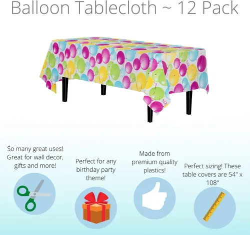 Miniatura 2 de Exquisite Paquete de 12 manteles de plástico con globos impresos, mantel de plástico desechable para fiesta de cumpleaños, 12